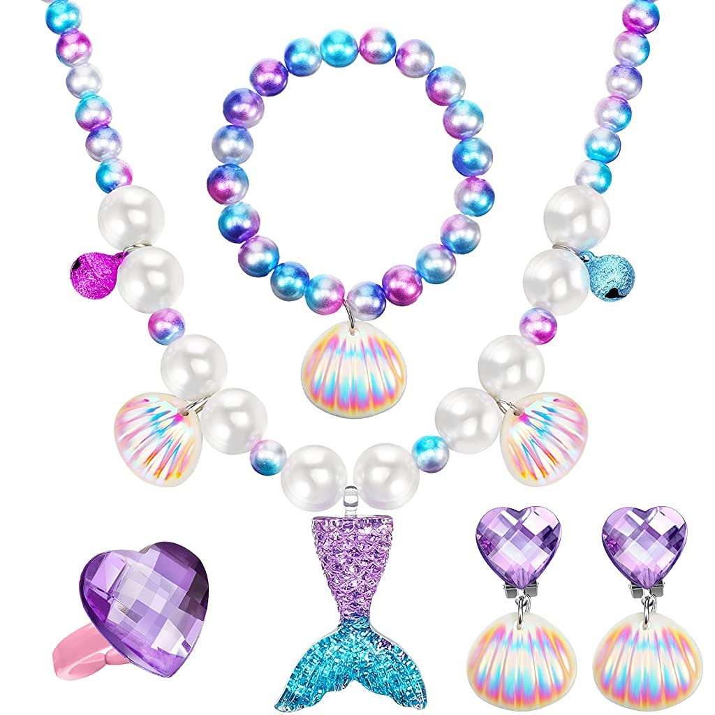 SANNIDHI Set Of 5 Mermaid Necklace Bracelet For Girls Jewelry Kit Pearl Beads Necklace Bracelet Seashell Earrings Ring Combo Set For Party Costume Jewelry Supplies For Toddler Kids Gift SANNIDHI Set Of 5 Mermaid Necklace Bracelet For Girls Jewelry Kit Pearl Beads Necklace Bracelet Seashell Earrings Ring Combo Set For Party Costume Jewelry Supplies For Toddler Kids Gift